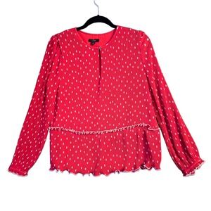 J. Crew‎ Blouse Womens S Red White Polka Dot Pleated Peplum Long Sleeve Top